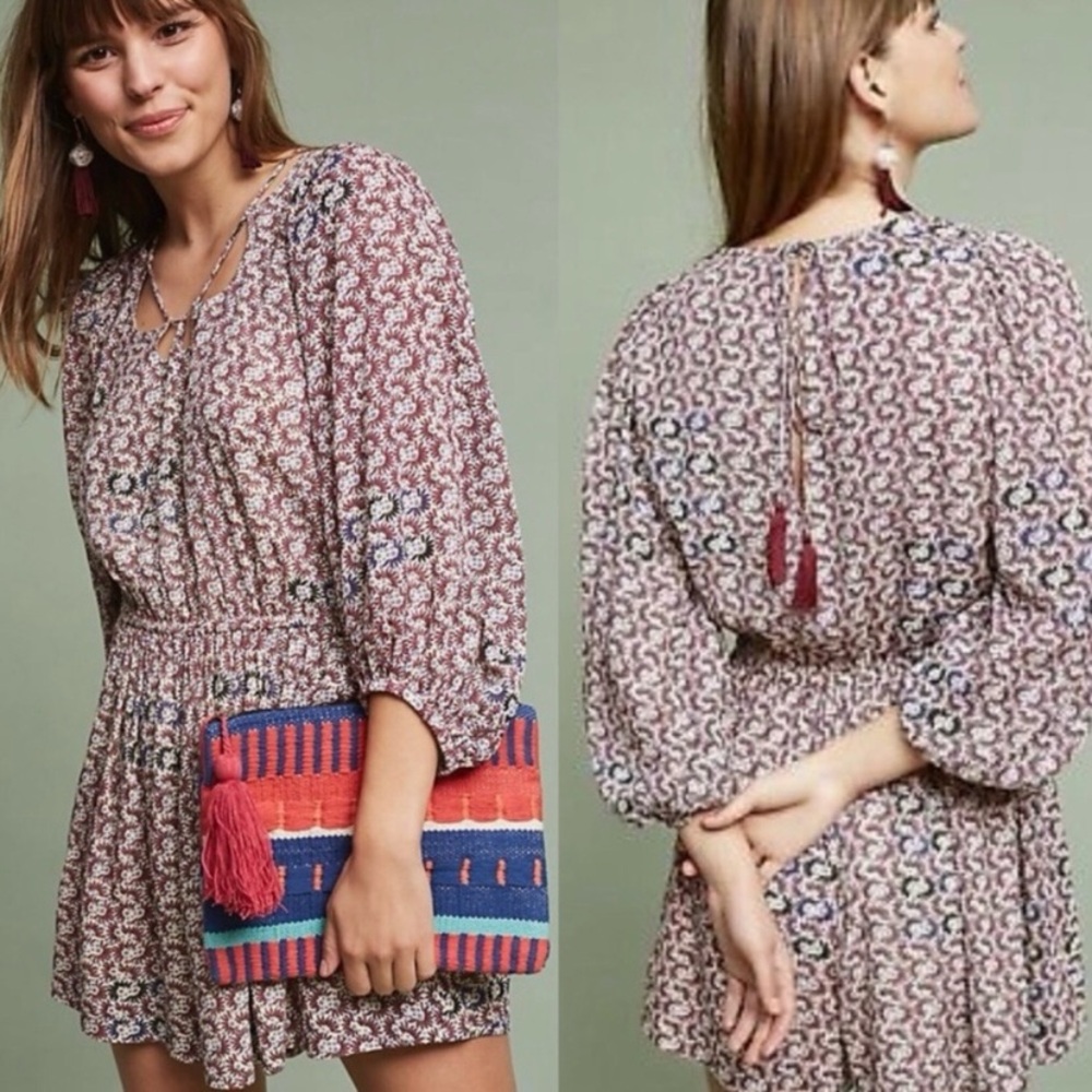 Holding Horses Anthropologie Floral Back Tassel Boho 3/4 Sleeve Flowy Romper